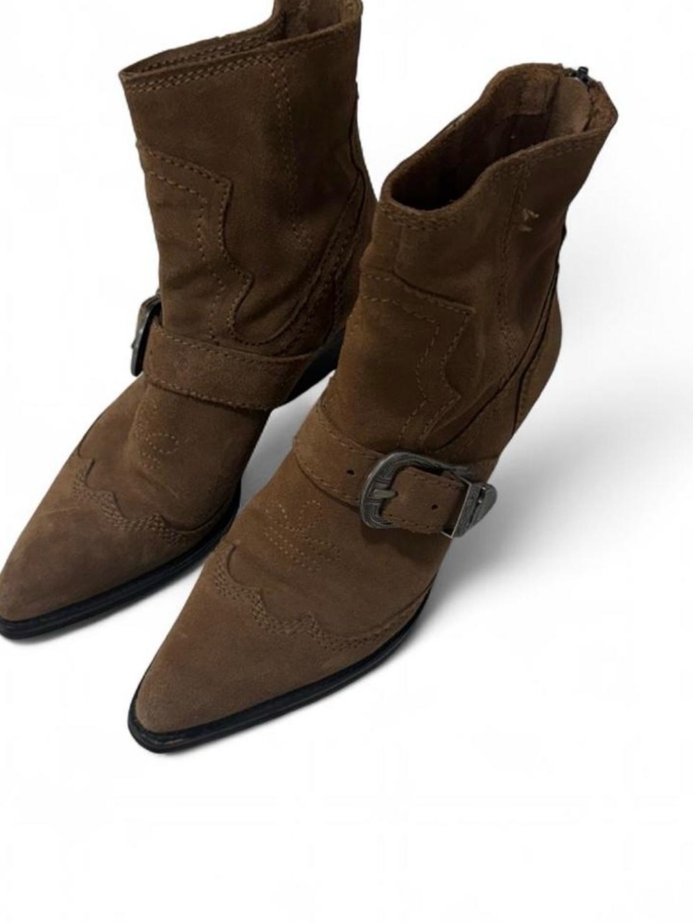 Zara Brown Suede Western-Style Ankle Booties with Buckle